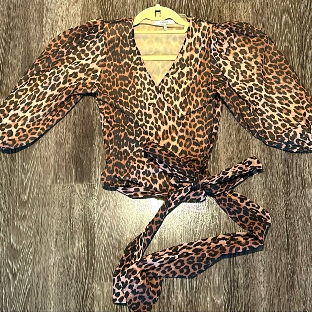 Ganni Leopard Mesh Wrap Top